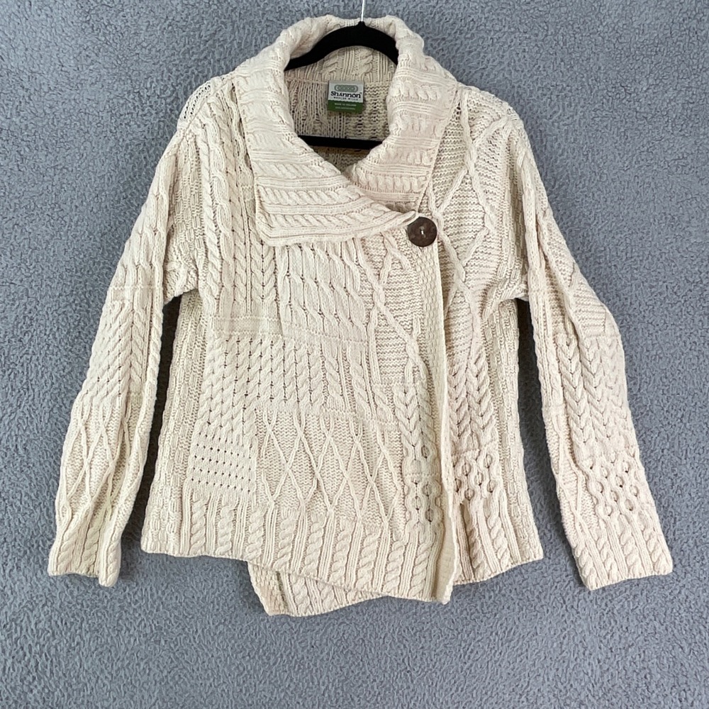 Shannon Woolen Mills Cardigan Women M Cream Merino Wool Irish Cable Knit Wrap